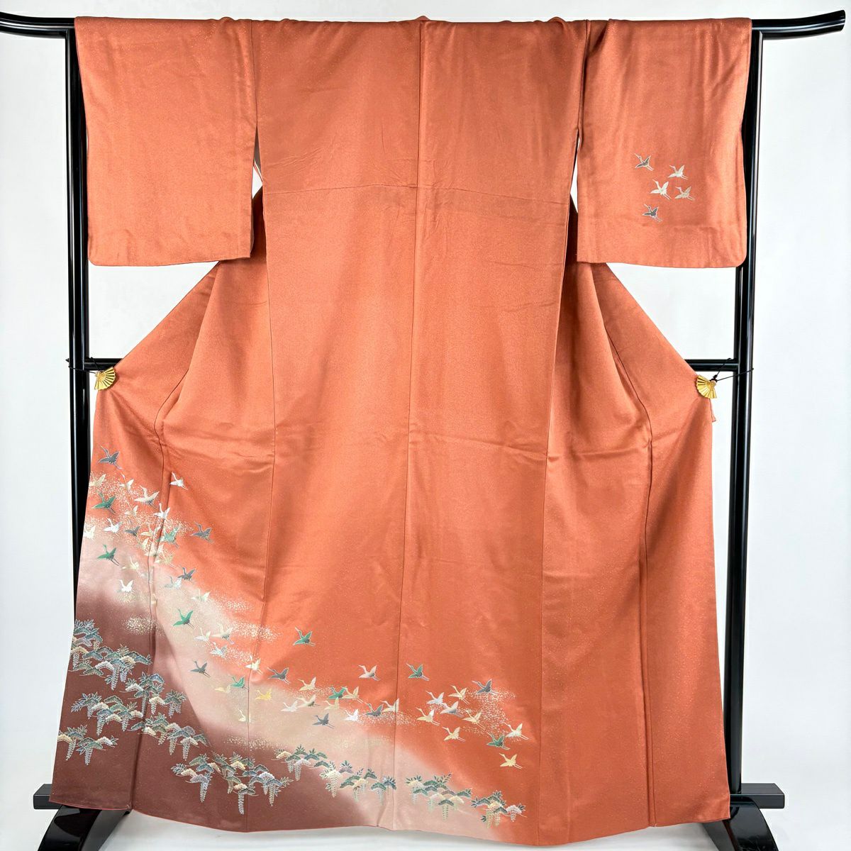 付下 身長165cm 袖長67cm M 雙層 仙鶴 松樹 螺鈿 金銀彩 紅茶 純蠶絲 優品級