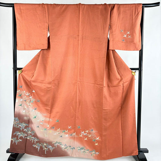 付下 身長165cm 袖長67cm M 雙層 仙鶴 松樹 螺鈿 金銀彩 紅茶 純蠶絲 優品級