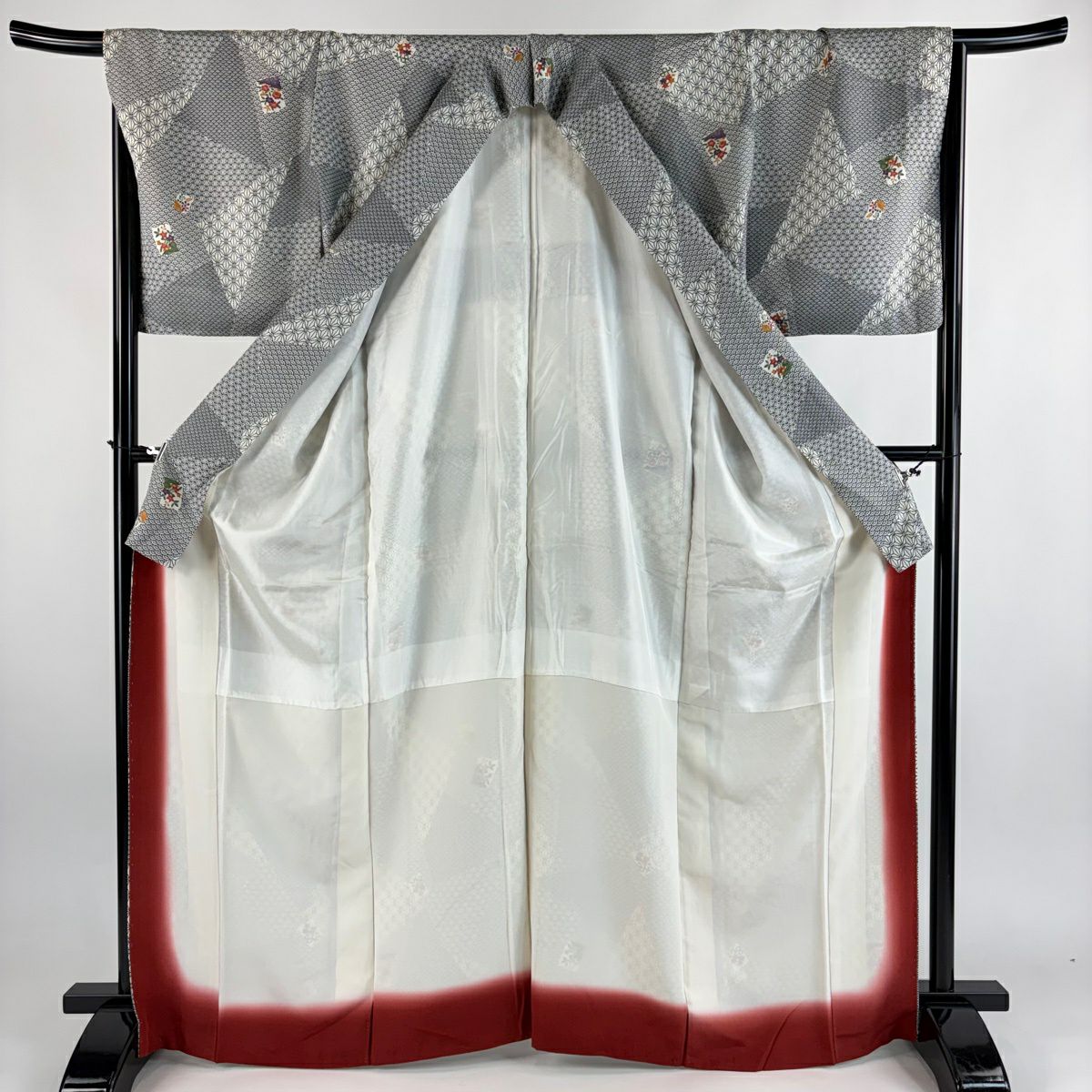 小紋 身長167cm 袖長67.5cm L 雙層 草花紋紋 有職文樣 黑灰 純蠶絲 優品級