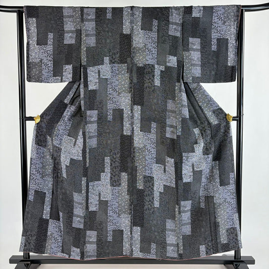 【美品】 小紋 身長155cm 袖長64cm M 雙層 草花紋紋 家屋 黑 純蠶絲 優品級