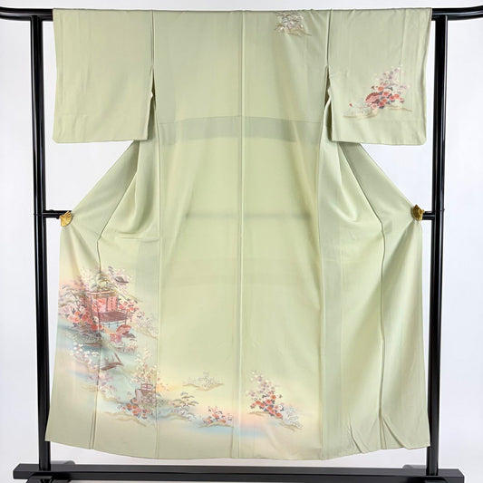 付下 身長152cm 袖長61cm S 雙層 姫 家屋 金銀彩 漸層 抹茶 純蠶絲 優品級