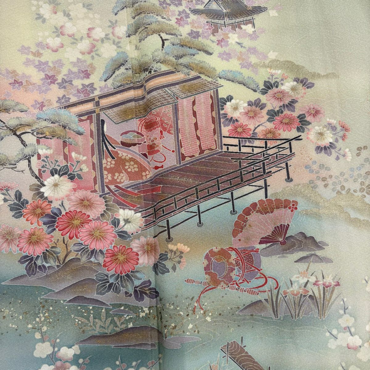 付下 身長152cm 袖長61cm S 雙層 姫 家屋 金銀彩 漸層 抹茶 純蠶絲 優品級