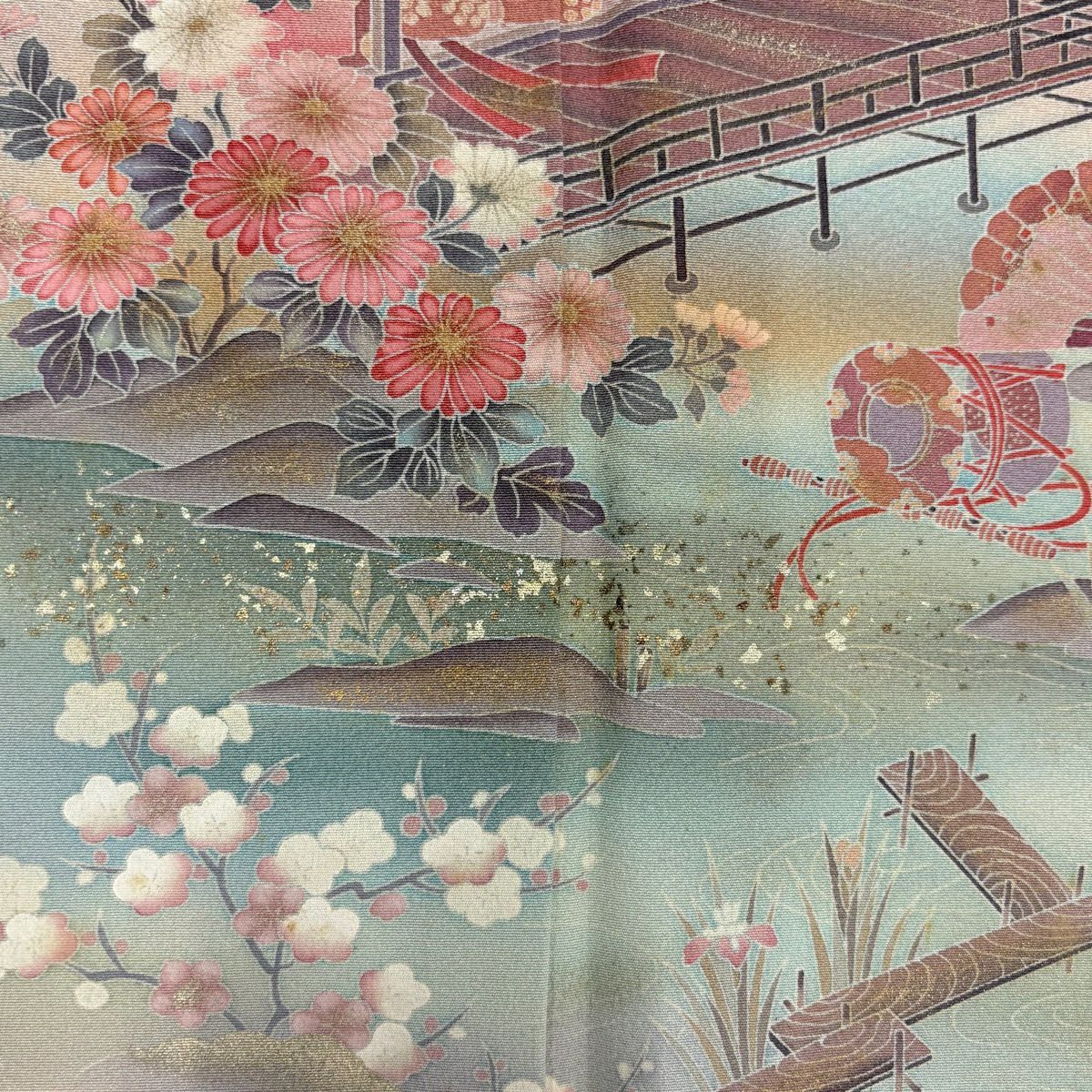 付下 身長152cm 袖長61cm S 雙層 姫 家屋 金銀彩 漸層 抹茶 純蠶絲 優品級
