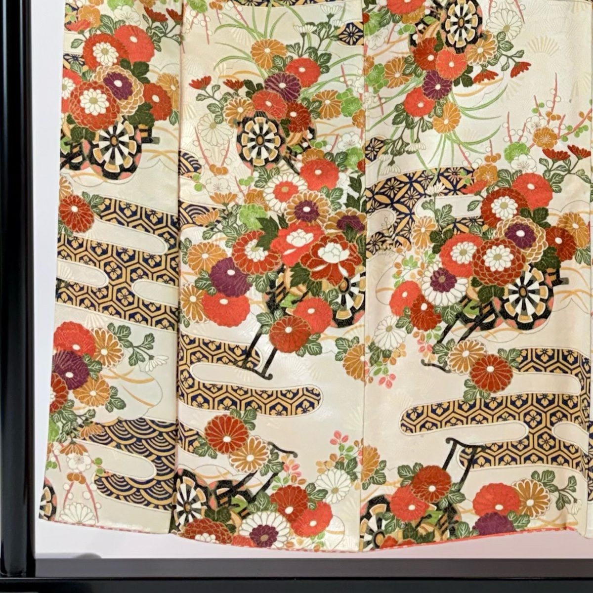 小紋 身長154cm 袖長61cm S 雙層 花車 ヱ霞 金絲 金銀彩 奶油色 純蠶絲 優品級