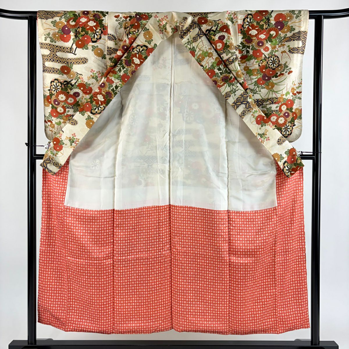小紋 身長154cm 袖長61cm S 雙層 花車 ヱ霞 金絲 金銀彩 奶油色 純蠶絲 優品級