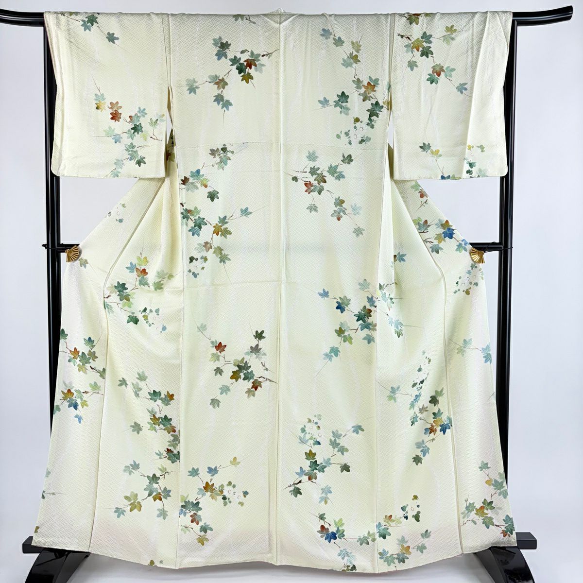 【美品】 小紋 身長164cm 袖長66.5cm M 雙層 楓 絞染 淡黃 純蠶絲 優品級