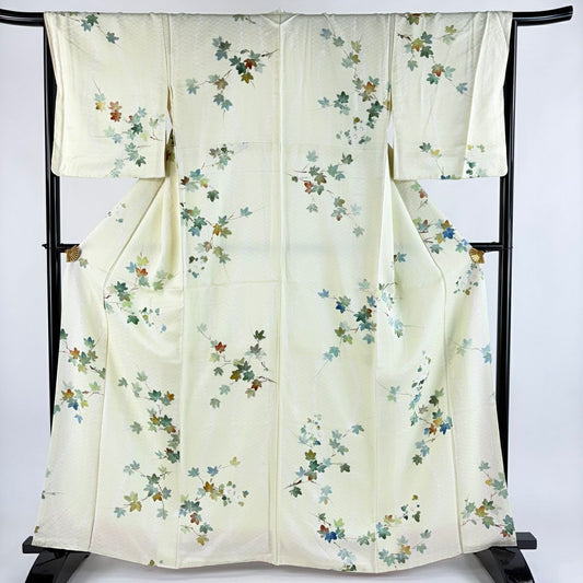 【美品】 小紋 身長164cm 袖長66.5cm M 雙層 楓 絞染 淡黃 純蠶絲 優品級