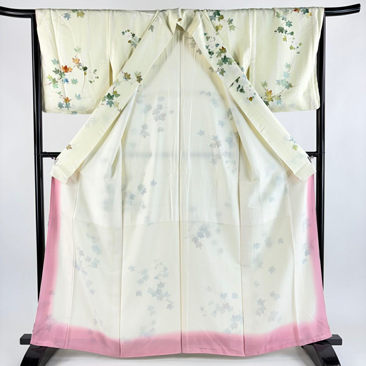 【美品】 小紋 身長164cm 袖長66.5cm M 雙層 楓 絞染 淡黃 純蠶絲 優品級
