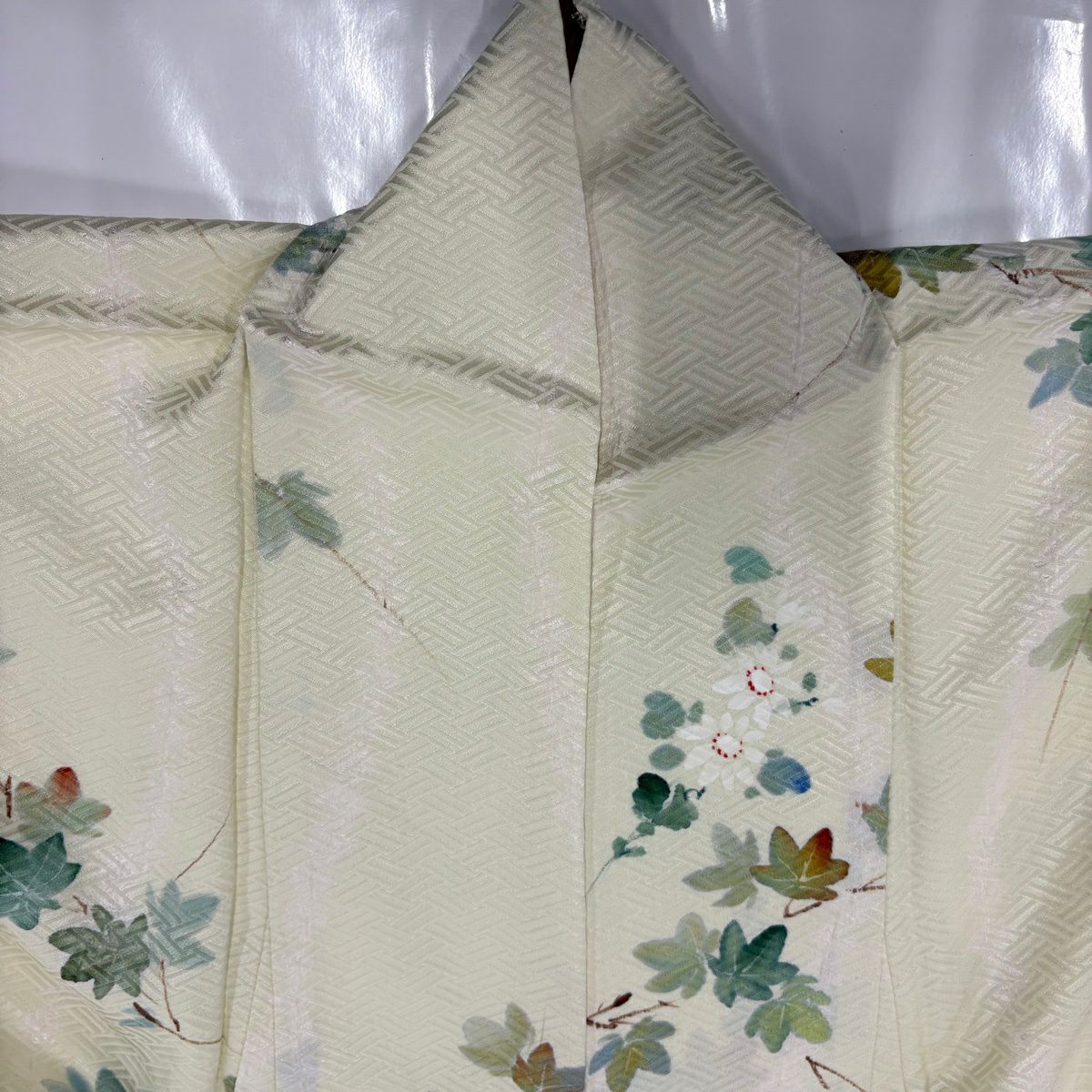 【美品】 小紋 身長164cm 袖長66.5cm M 雙層 楓 絞染 淡黃 純蠶絲 優品級