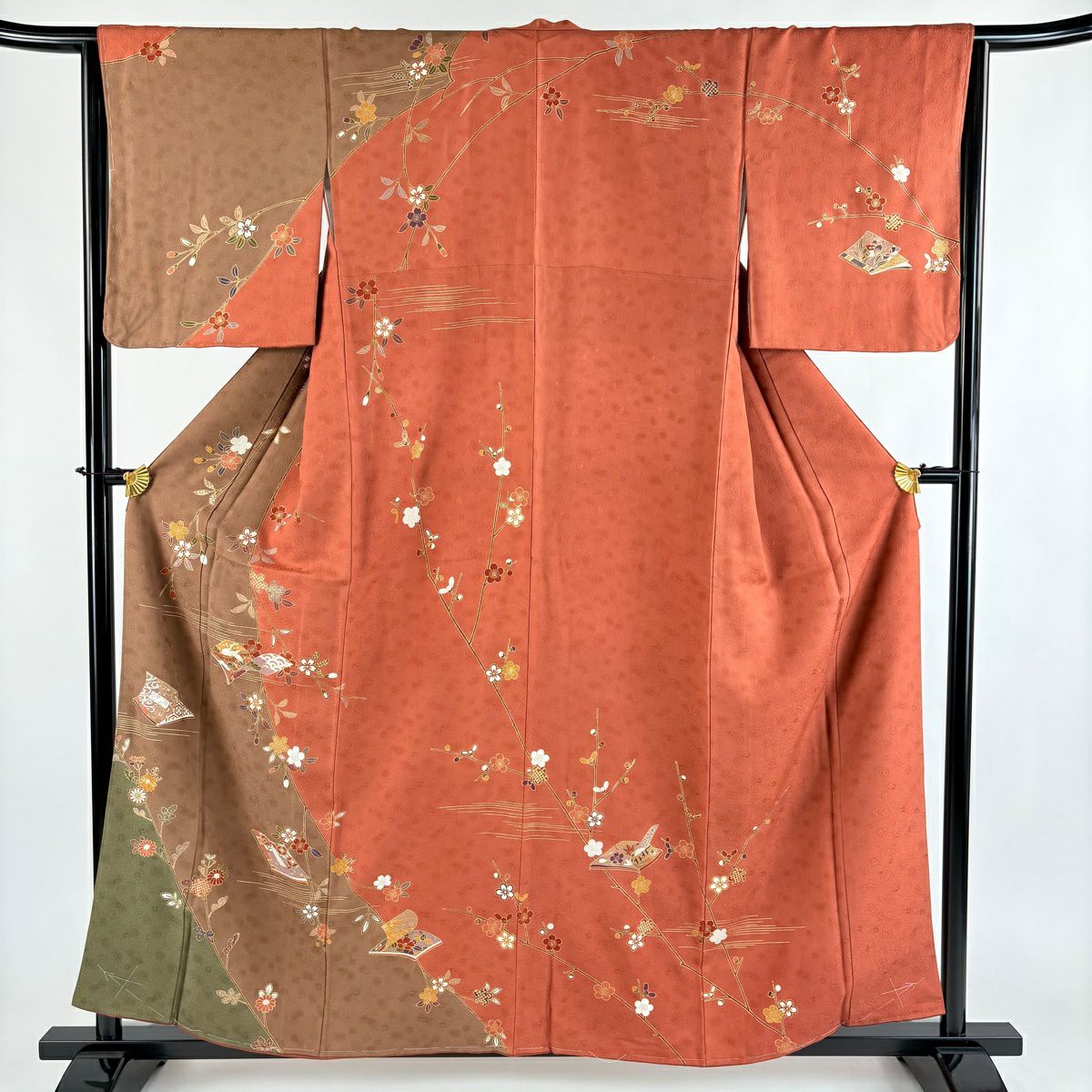 【美品】訪問服 身長158.5cm 袖長65cm M 雙層 冊子紋 枝垂櫻 金絲 金銀彩 紅茶 純蠶絲 優品級