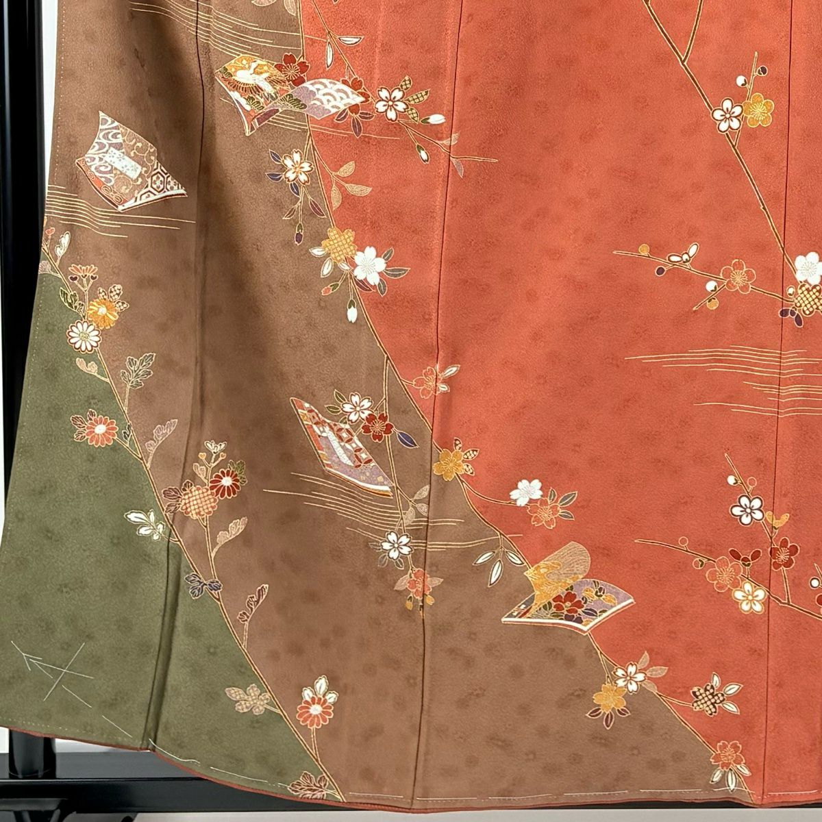 【美品】訪問服 身長158.5cm 袖長65cm M 雙層 冊子紋 枝垂櫻 金絲 金銀彩 紅茶 純蠶絲 優品級