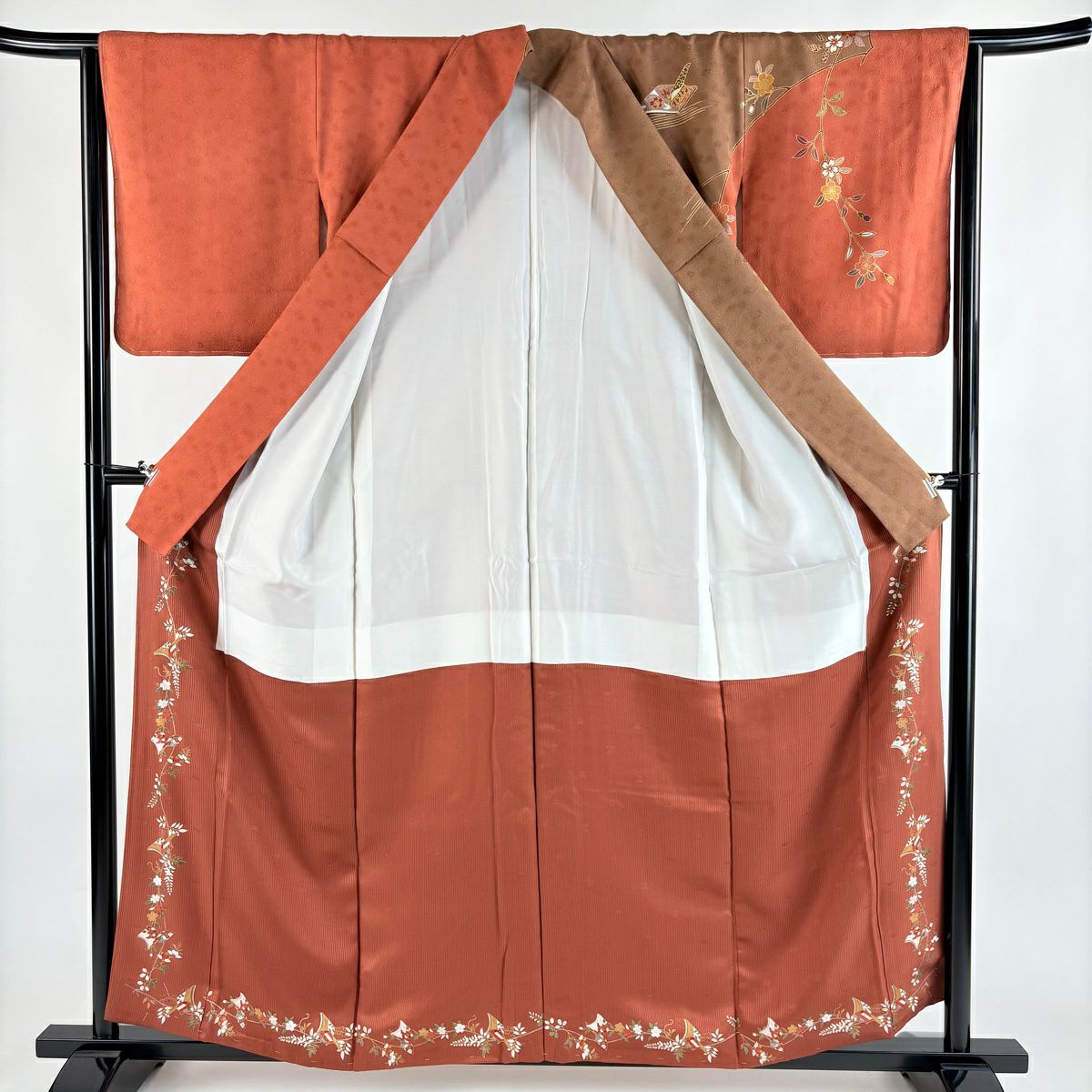 【美品】訪問服 身長158.5cm 袖長65cm M 雙層 冊子紋 枝垂櫻 金絲 金銀彩 紅茶 純蠶絲 優品級