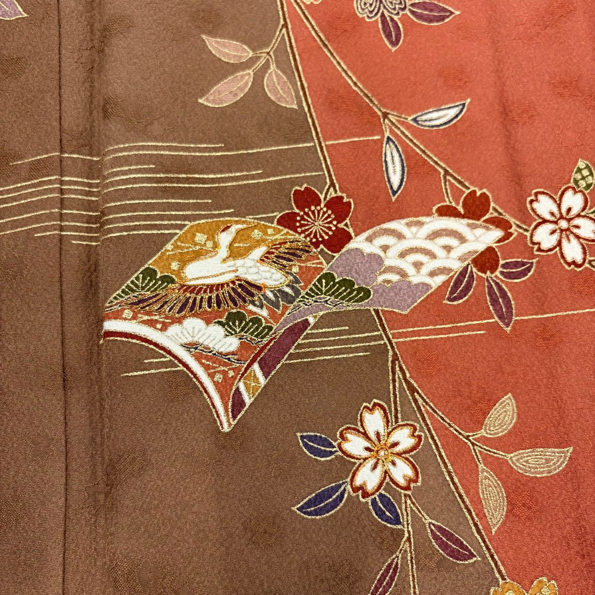 【美品】訪問服 身長158.5cm 袖長65cm M 雙層 冊子紋 枝垂櫻 金絲 金銀彩 紅茶 純蠶絲 優品級