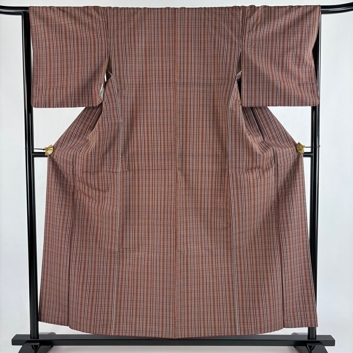 【美品】 紬織 身長156cm 袖長65cm M 雙層 格子 茶 純蠶絲 優品級