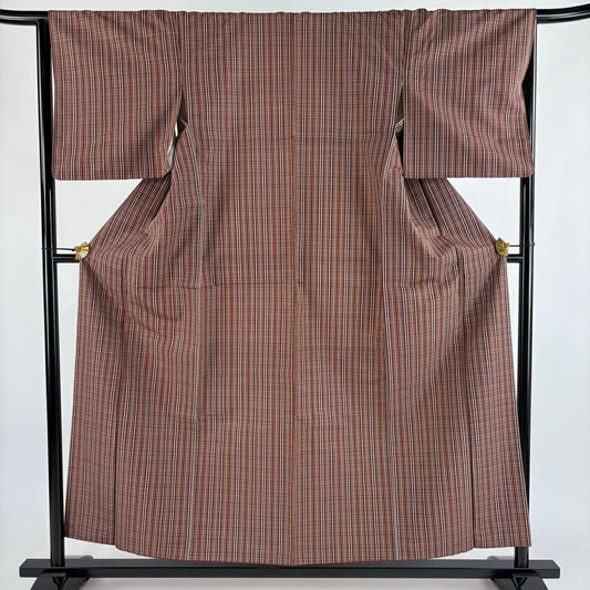 【美品】 紬織 身長156cm 袖長65cm M 雙層 格子 茶 純蠶絲 優品級