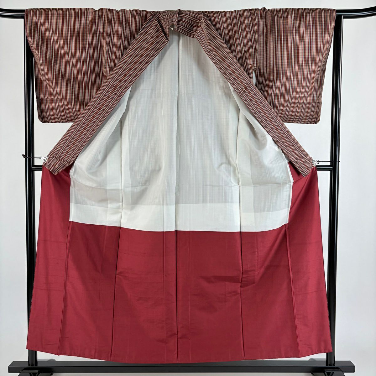 【美品】 紬織 身長156cm 袖長65cm M 雙層 格子 茶 純蠶絲 優品級