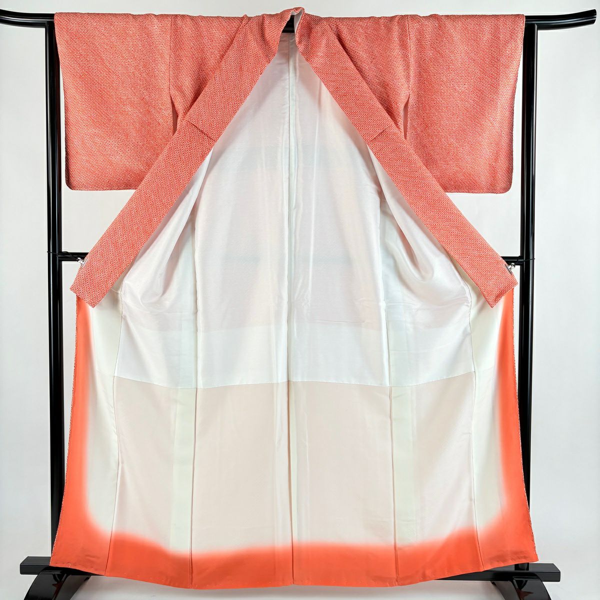 【美品】 小紋 身長161cm 袖長64cm M 雙層 幾何學圖案 總絞染 橙色 純蠶絲 優品級