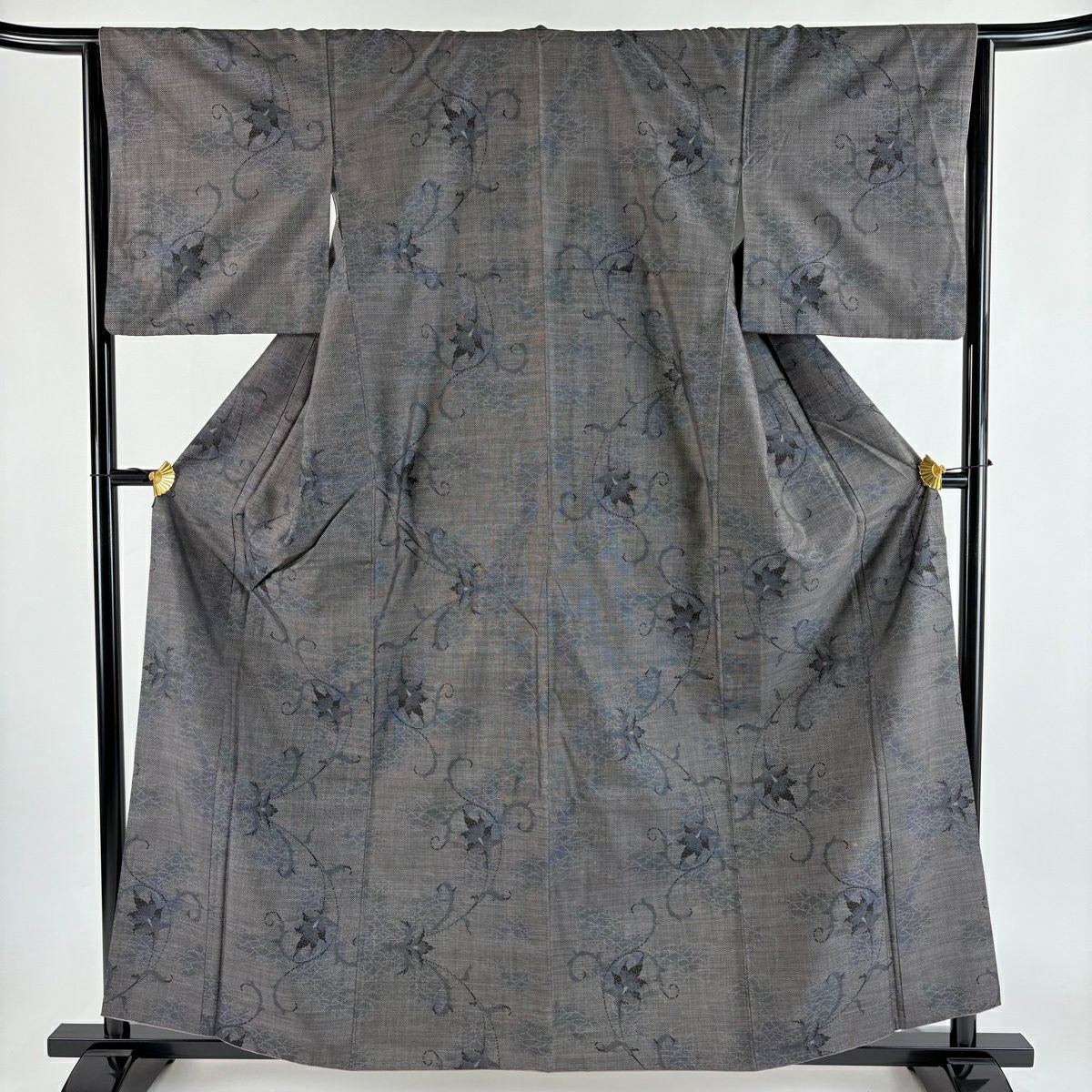 紬織 身長160cm 袖長65cm M 雙層 花唐草紋 茶紫 純蠶絲 優品級