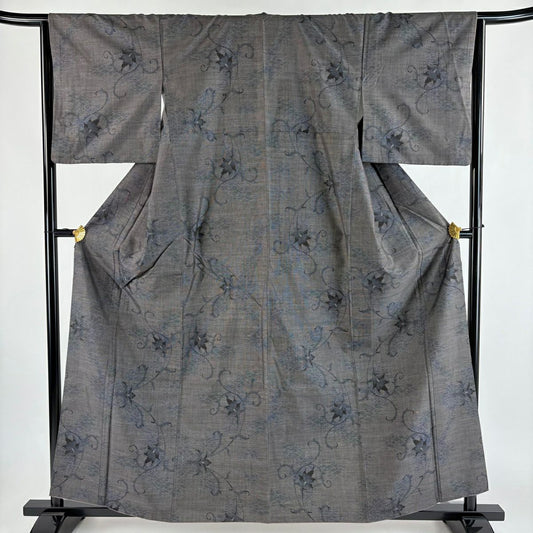 紬織 身長160cm 袖長65cm M 雙層 花唐草紋 茶紫 純蠶絲 優品級