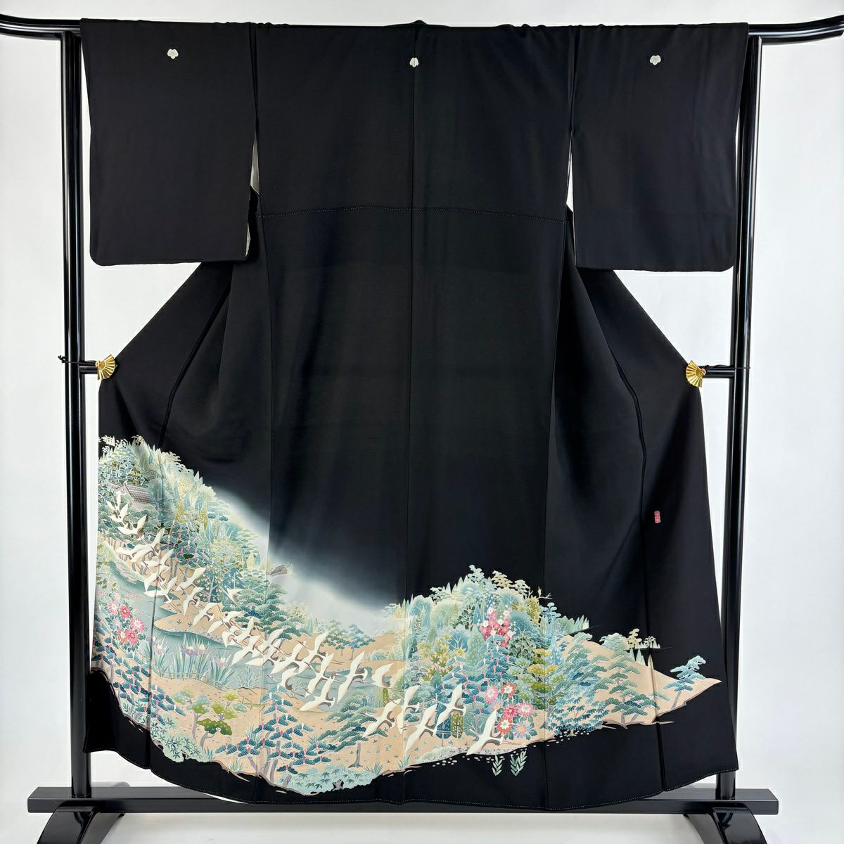 黑留袖禮服 身長155cm 袖長64cm M 雙層 有落款 風景 仙鶴 漸層 黑 純蠶絲 優品級