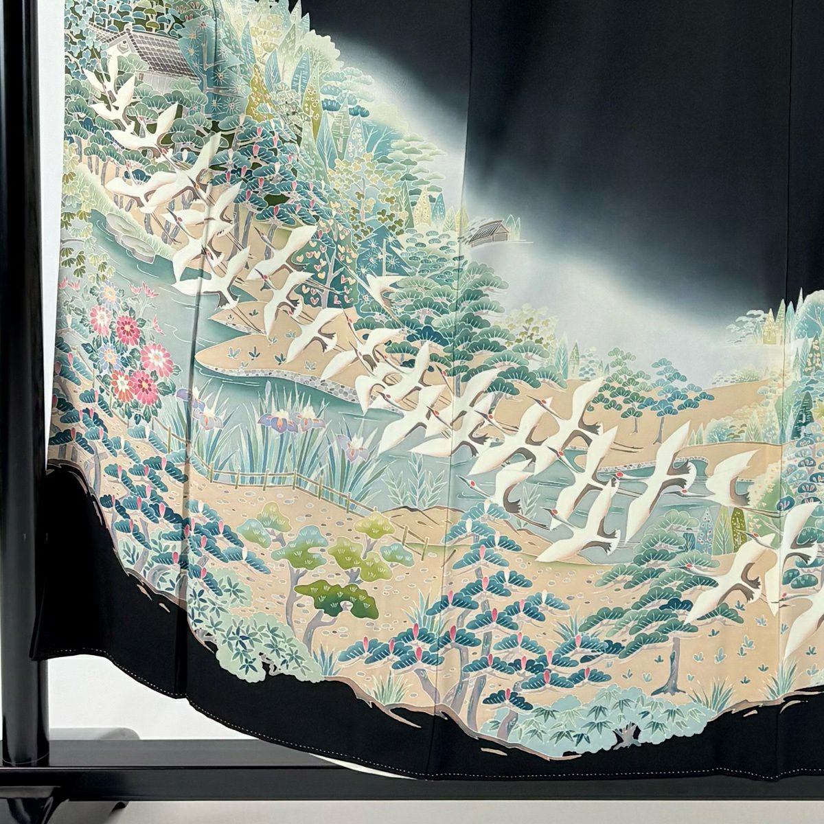 黑留袖禮服 身長155cm 袖長64cm M 雙層 有落款 風景 仙鶴 漸層 黑 純蠶絲 優品級