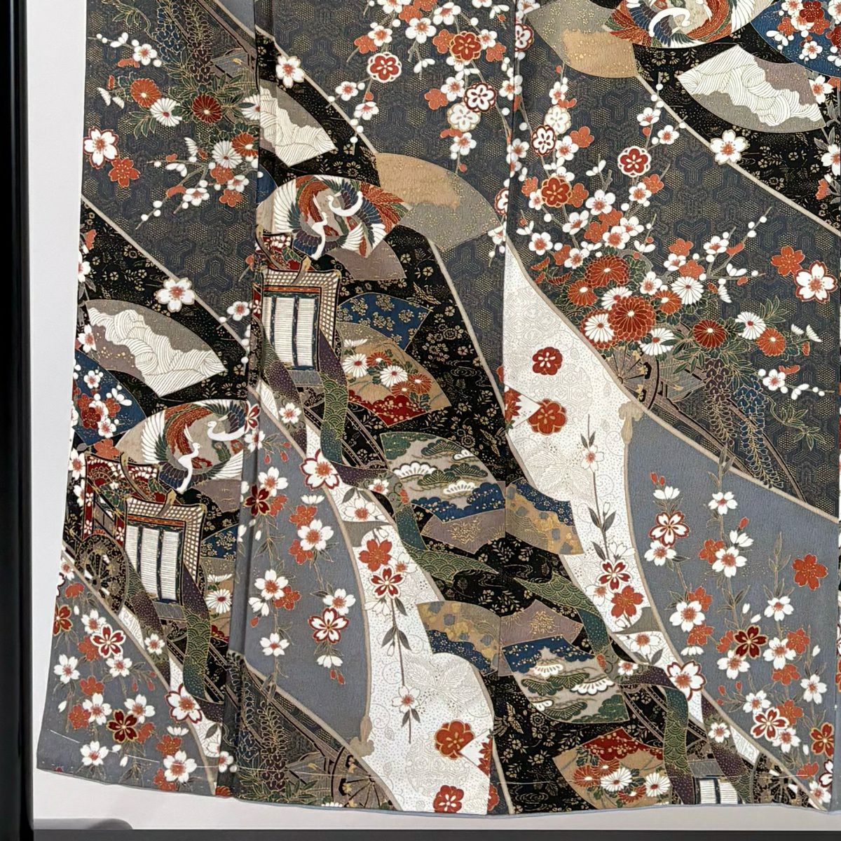 小紋 身長153.5cm 袖長62cm S 雙層 御所車 花鳥 金彩裝飾 灰 純蠶絲 優品級