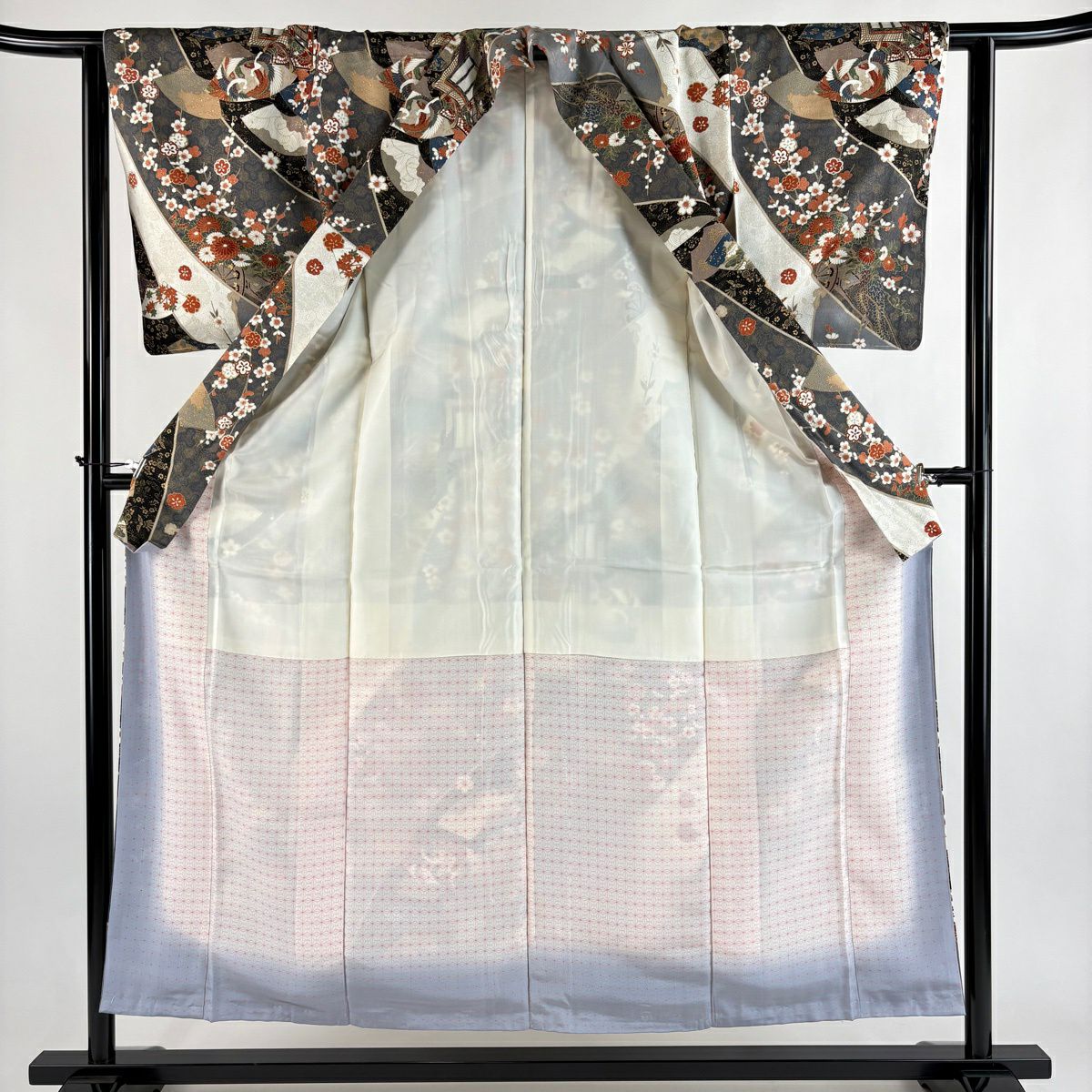 小紋 身長153.5cm 袖長62cm S 雙層 御所車 花鳥 金彩裝飾 灰 純蠶絲 優品級