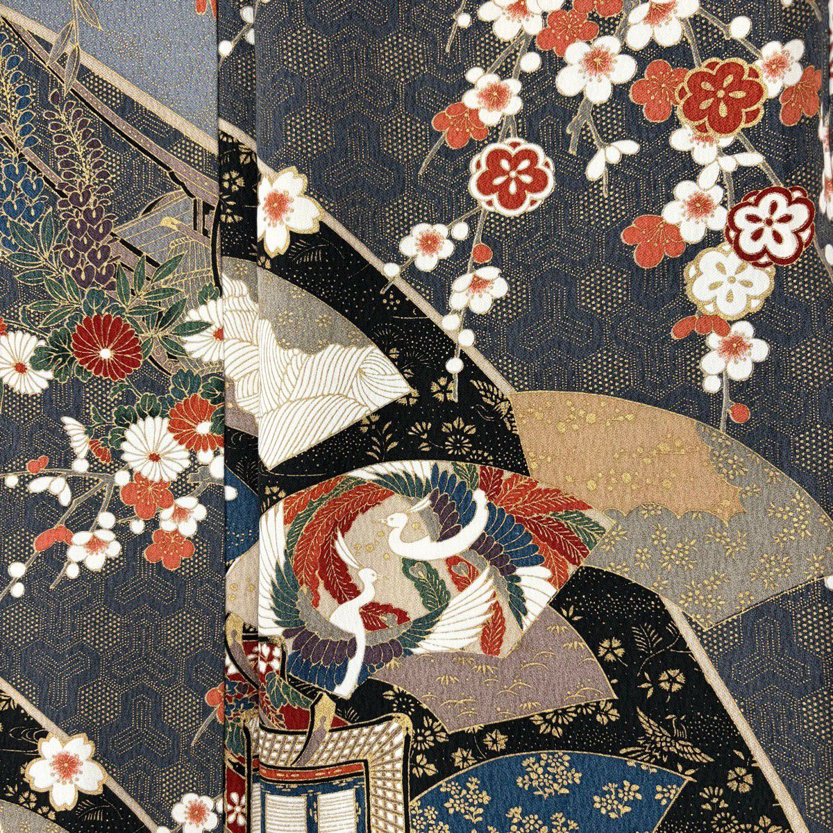 小紋 身長153.5cm 袖長62cm S 雙層 御所車 花鳥 金彩裝飾 灰 純蠶絲 優品級