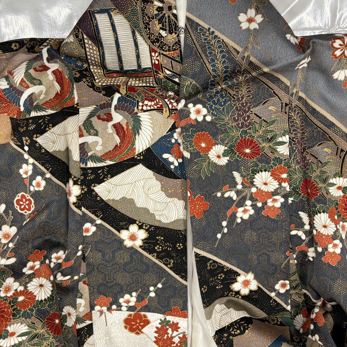 小紋 身長153.5cm 袖長62cm S 雙層 御所車 花鳥 金彩裝飾 灰 純蠶絲 優品級