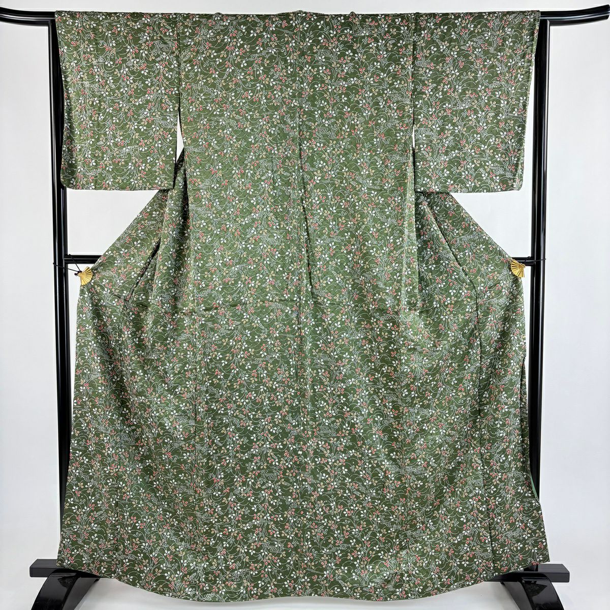 【美品】 小紋 身長163.5cm 袖長64.5cm M 雙層 萩 地紋 茶綠 純蠶絲 優品級