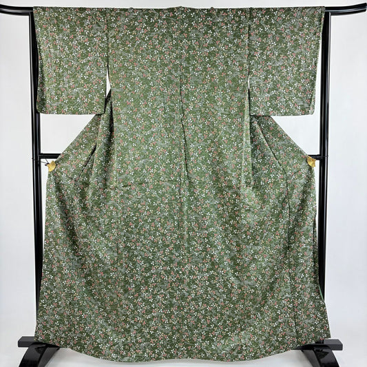 【美品】 小紋 身長163.5cm 袖長64.5cm M 雙層 萩 地紋 茶綠 純蠶絲 優品級