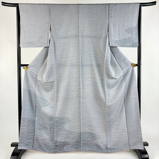【美品】 付下 身長165cm 袖長63.5cm S 雙層 芝波 青灰 純蠶絲 優品級