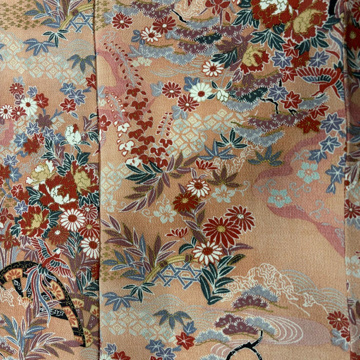 小紋 身長152cm 袖長61cm S 雙層 草花紋紋 流水 金彩裝飾 絞染 鮭粉色 純蠶絲 優品級