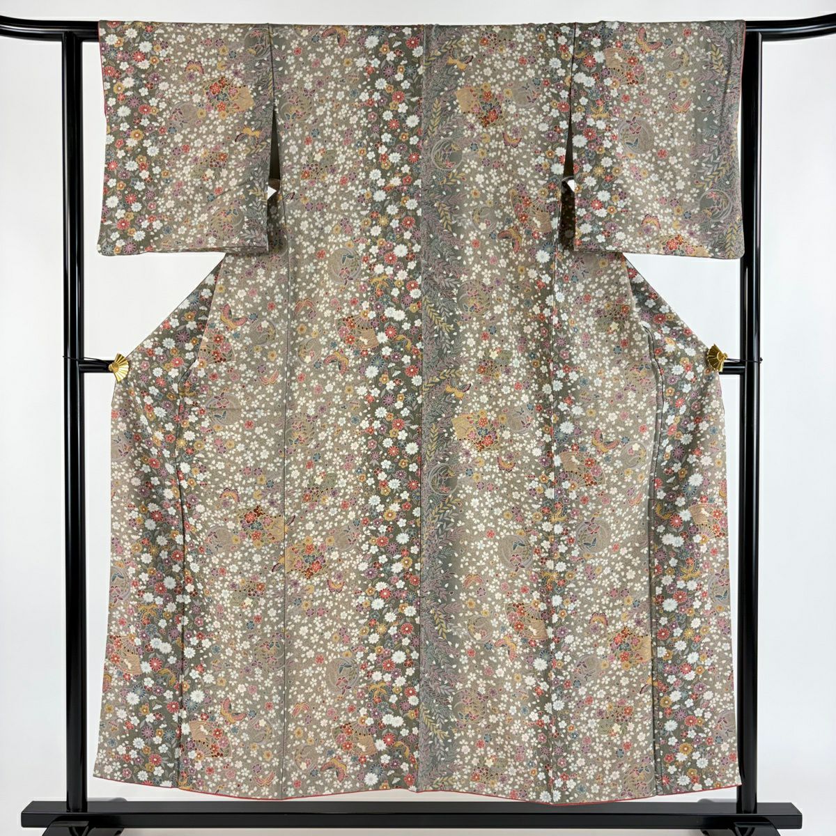 【美品】 小紋 身長154cm 袖長61.5cm S 雙層 蝶 草花紋 金彩裝飾 灰綠 純蠶絲 優品級