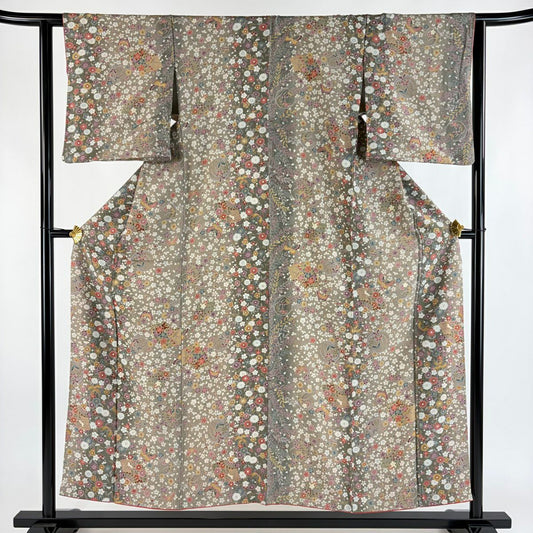 【美品】 小紋 身長154cm 袖長61.5cm S 雙層 蝶 草花紋 金彩裝飾 灰綠 純蠶絲 優品級