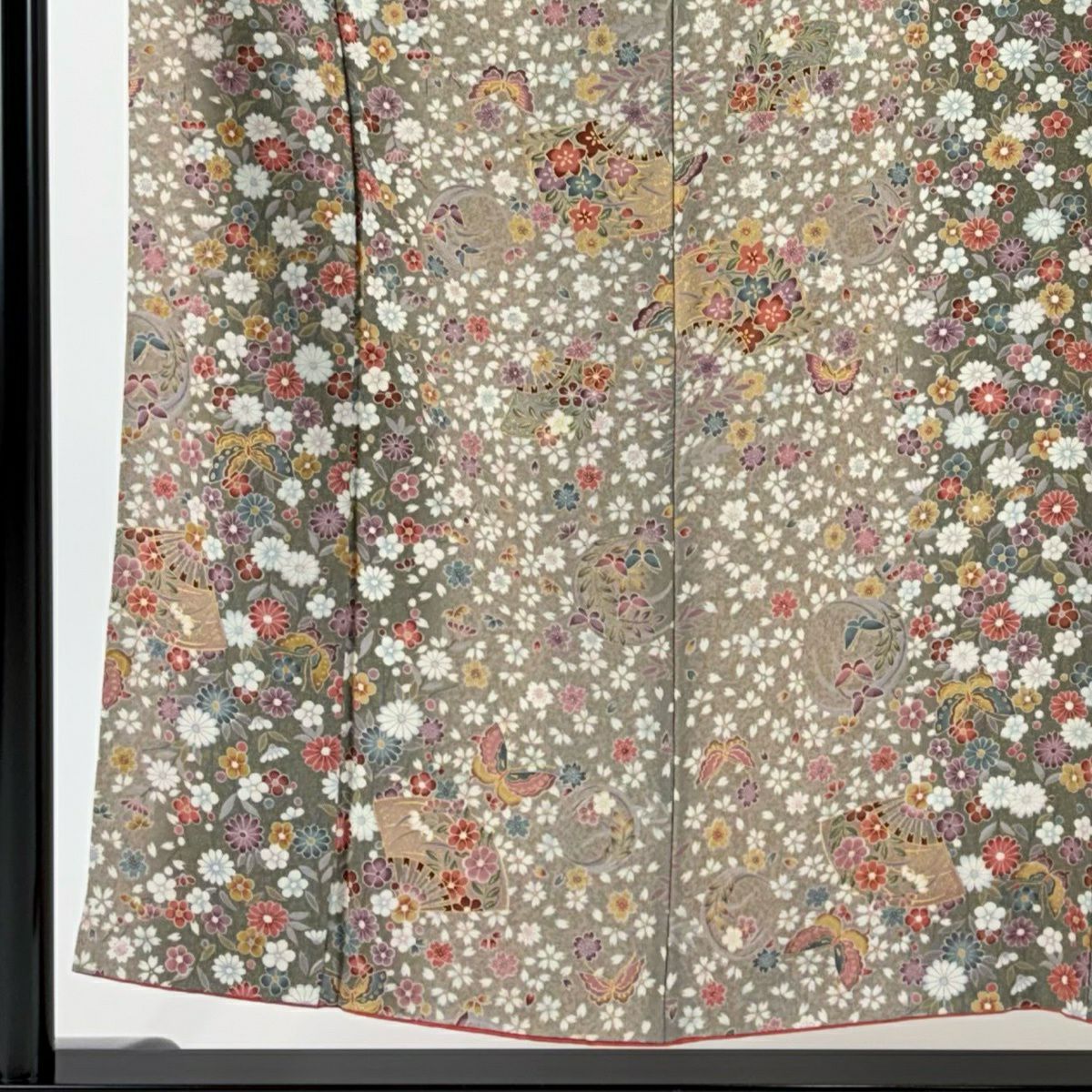【美品】 小紋 身長154cm 袖長61.5cm S 雙層 蝶 草花紋 金彩裝飾 灰綠 純蠶絲 優品級