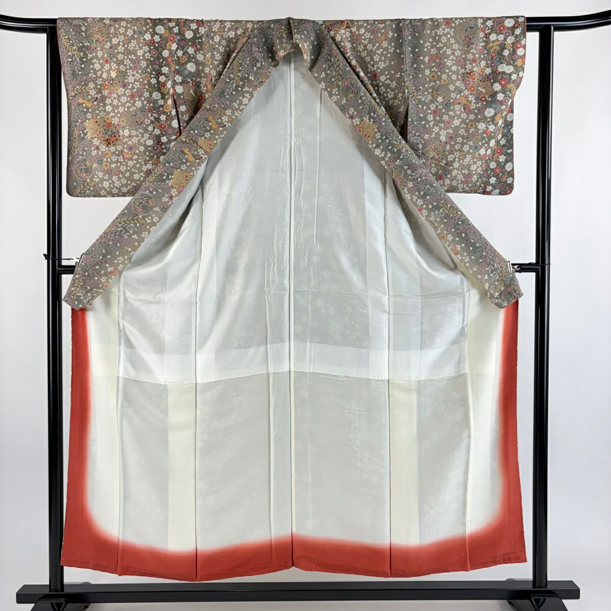【美品】 小紋 身長154cm 袖長61.5cm S 雙層 蝶 草花紋 金彩裝飾 灰綠 純蠶絲 優品級