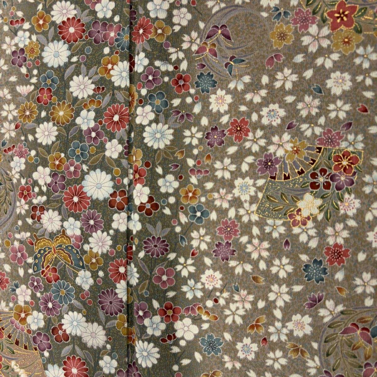 【美品】 小紋 身長154cm 袖長61.5cm S 雙層 蝶 草花紋 金彩裝飾 灰綠 純蠶絲 優品級