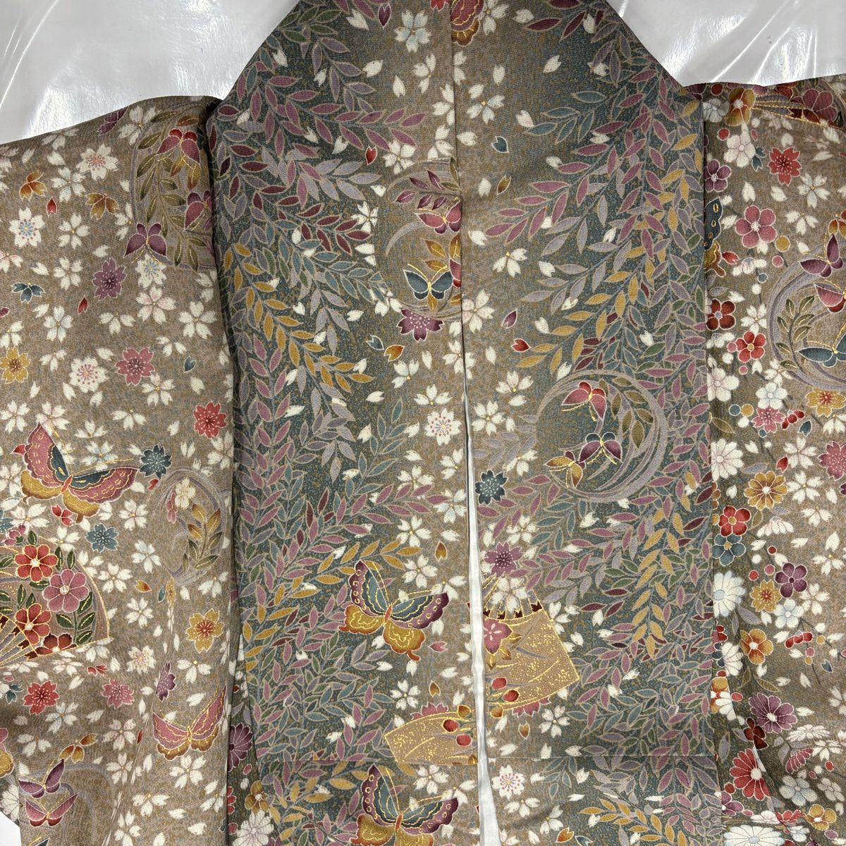 【美品】 小紋 身長154cm 袖長61.5cm S 雙層 蝶 草花紋 金彩裝飾 灰綠 純蠶絲 優品級