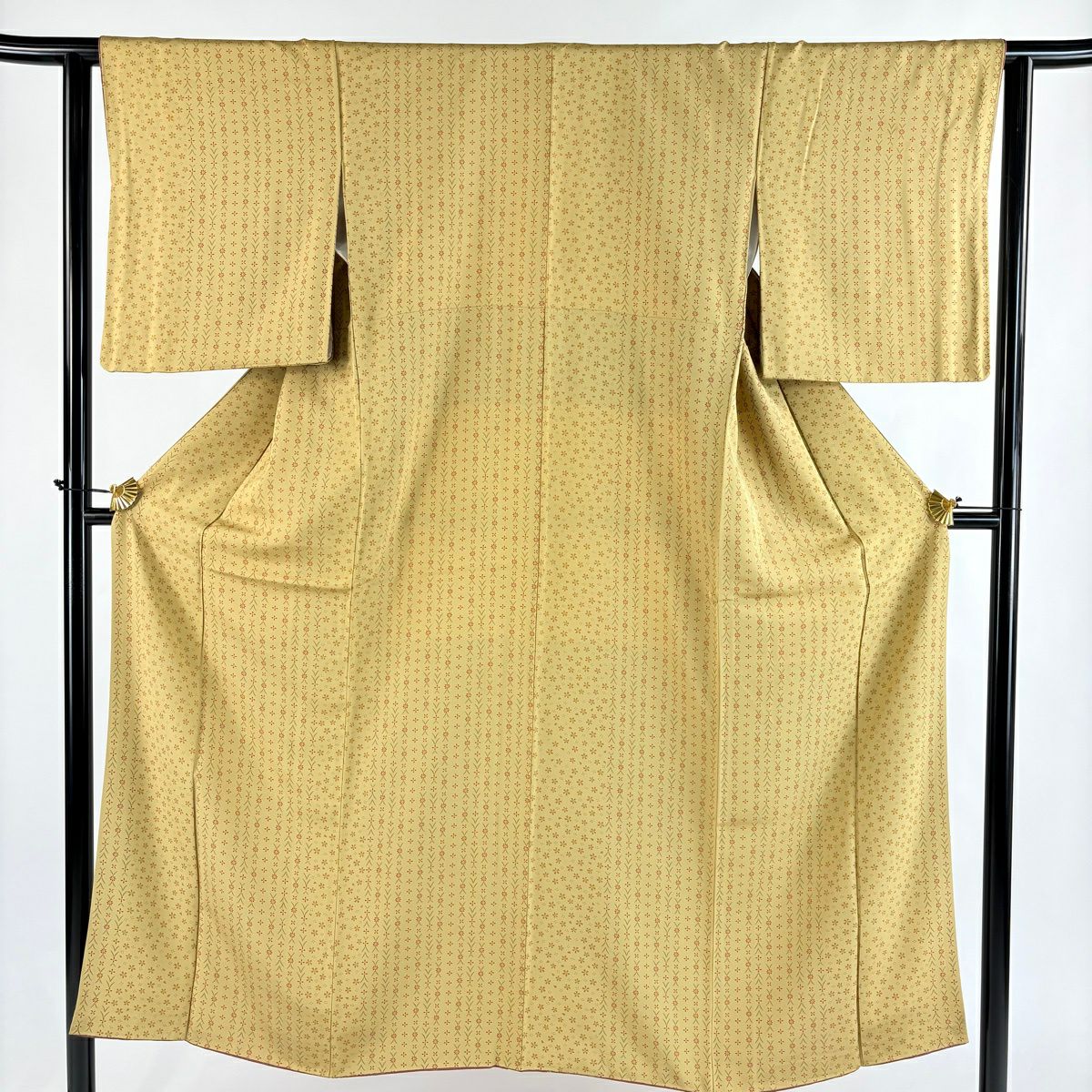 【美品】 小紋 身長150.5cm 袖長62cm S 雙層 樱花 草花紋紋 黃土 純蠶絲 優品級