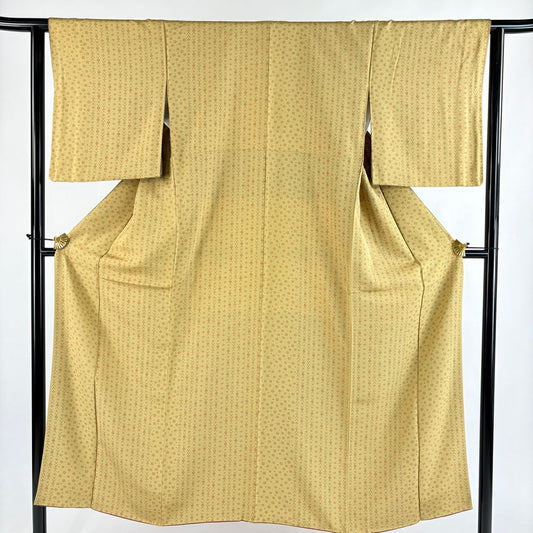 【美品】 小紋 身長150.5cm 袖長62cm S 雙層 樱花 草花紋紋 黃土 純蠶絲 優品級