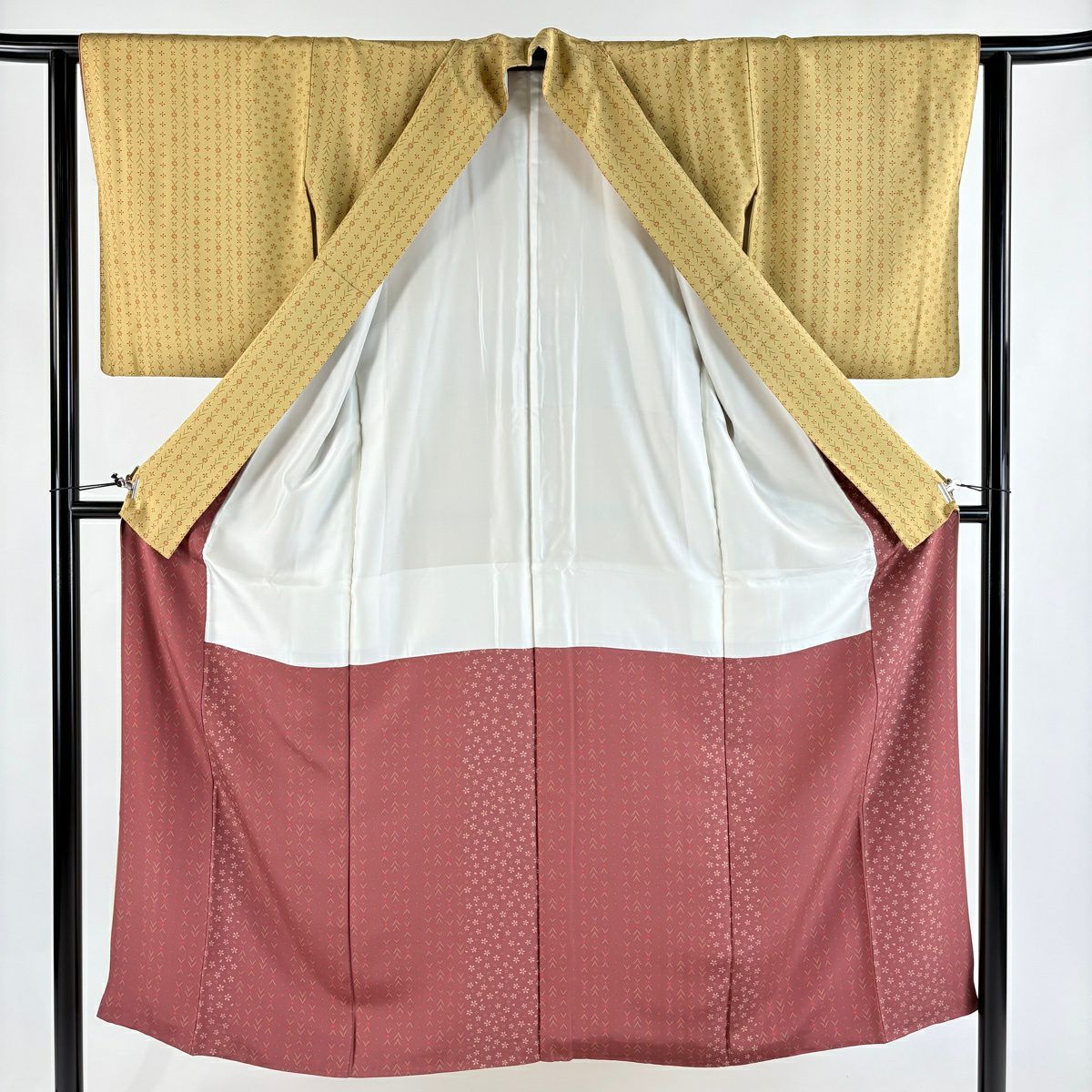 【美品】 小紋 身長150.5cm 袖長62cm S 雙層 樱花 草花紋紋 黃土 純蠶絲 優品級