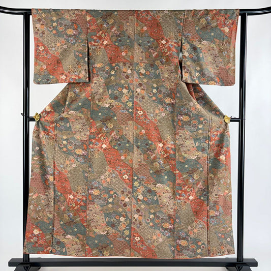 【美品】 小紋 身長155.5cm 袖長62cm S 雙層 草花紋紋 青海波 金銀彩 茶 純蠶絲 優品級