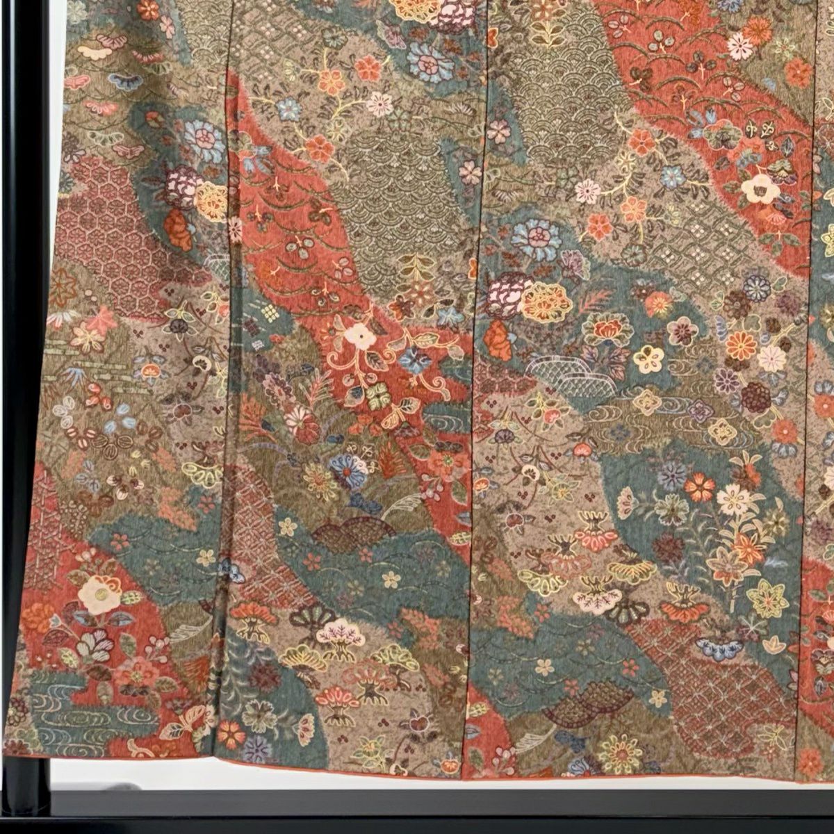 【美品】 小紋 身長155.5cm 袖長62cm S 雙層 草花紋紋 青海波 金銀彩 茶 純蠶絲 優品級