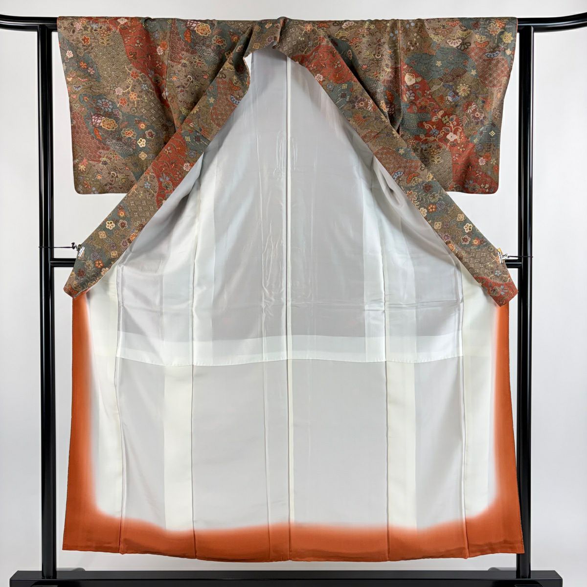 【美品】 小紋 身長155.5cm 袖長62cm S 雙層 草花紋紋 青海波 金銀彩 茶 純蠶絲 優品級