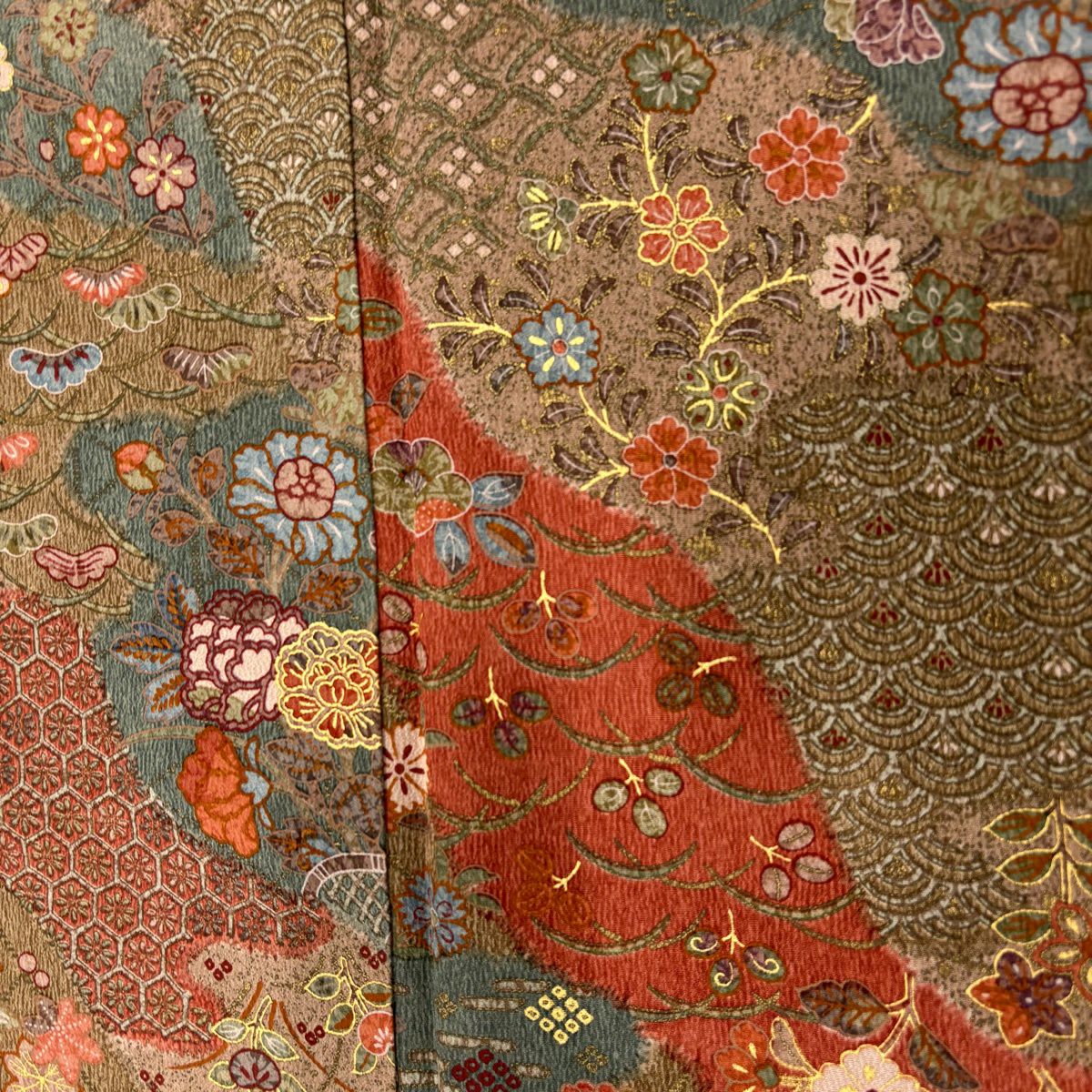 【美品】 小紋 身長155.5cm 袖長62cm S 雙層 草花紋紋 青海波 金銀彩 茶 純蠶絲 優品級