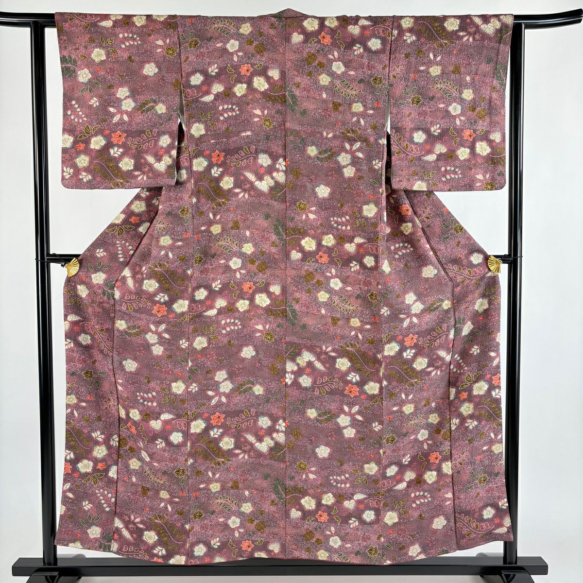 【美品】 小紋 身長155.5cm 袖長62.5cm S 雙層 辻花染 波 金銀彩 紫 純蠶絲 優品級