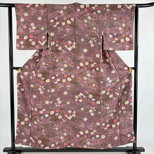 【美品】 小紋 身長155.5cm 袖長62.5cm S 雙層 辻花染 波 金銀彩 紫 純蠶絲 優品級