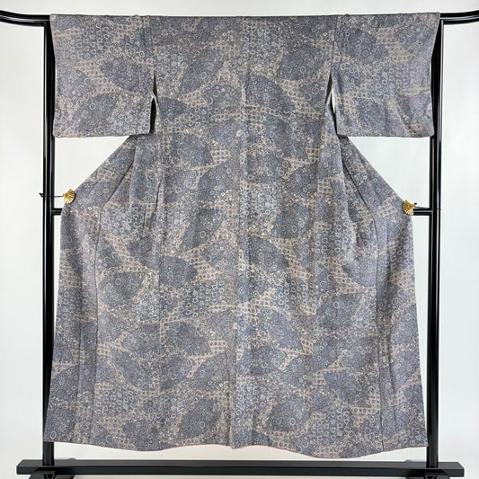 【美品】 小紋 身長150cm 袖長65cm M 雙層 扇子面 草花紋紋 絞染 灰紫 純蠶絲 優品級