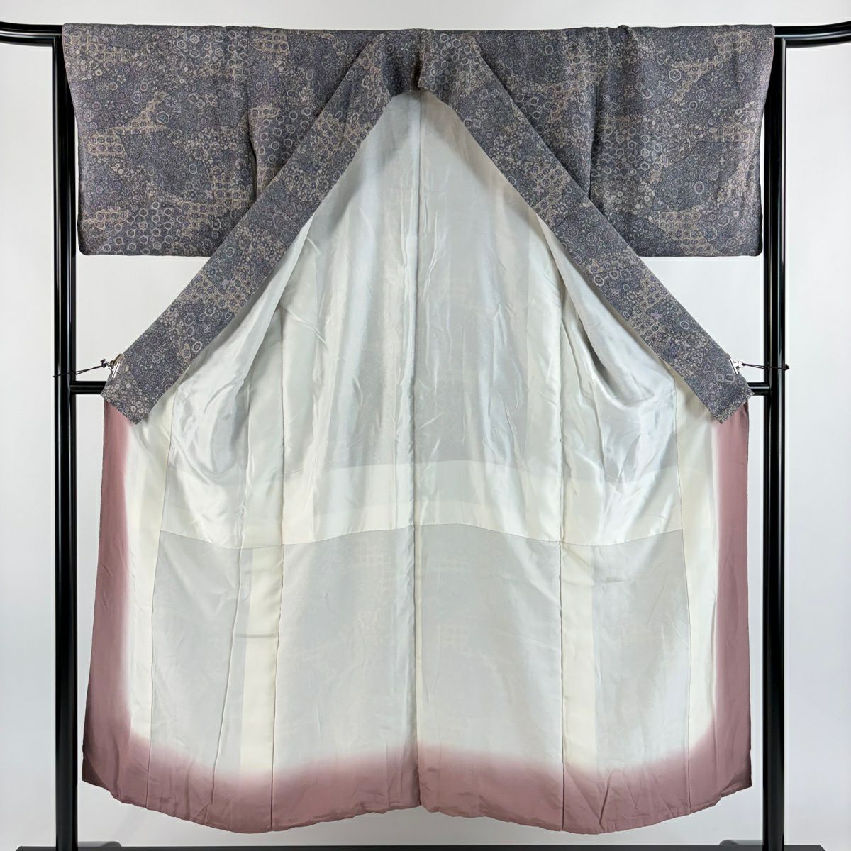 【美品】 小紋 身長150cm 袖長65cm M 雙層 扇子面 草花紋紋 絞染 灰紫 純蠶絲 優品級